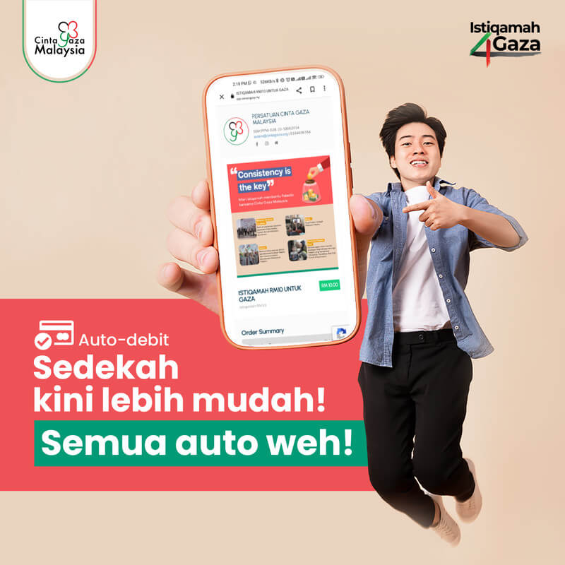 Istiqamah4Gaza - Infak Bulanan Anda Persatuan Cinta Gaza Malaysia (CGM) membuka satu peluang untuk bersedekah secara potongan bulanan melalui kempen Istiqamah4Gaza.